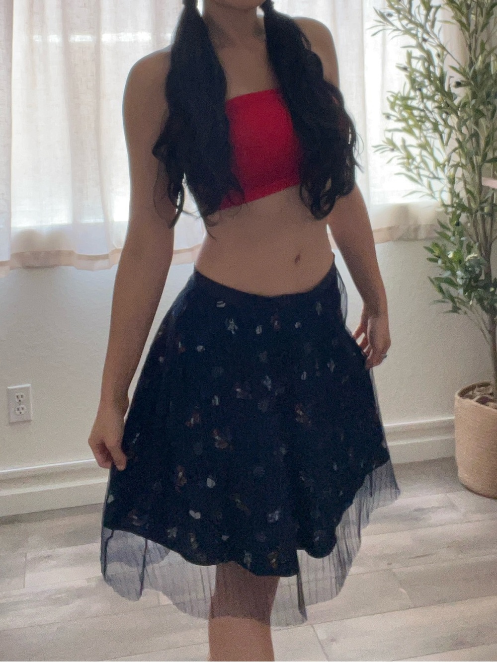 Navy A-Line Skirt with Sheer Hem